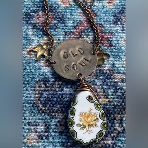 Handcrafted necklace with stamped metal “Old Soul”